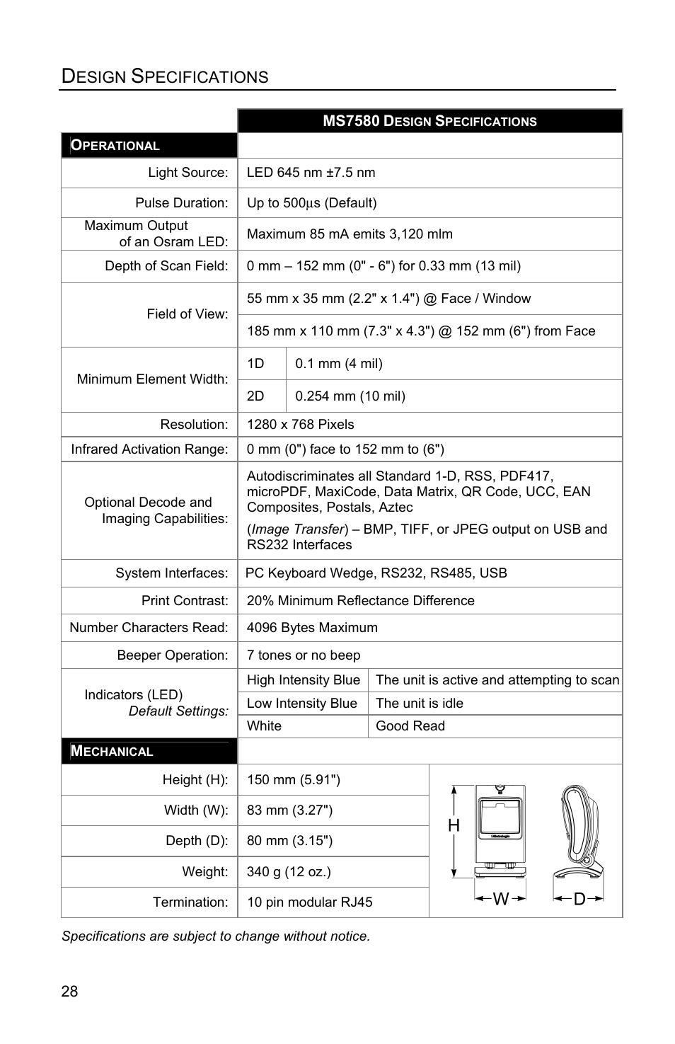 Design specifications | Metrologic Instruments Genesis MS7580 User Manual | Page 32 / 48