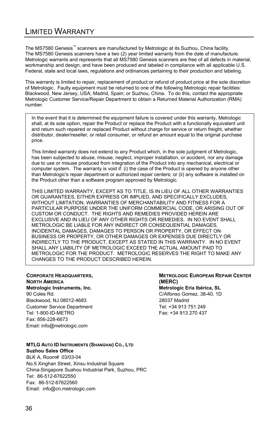 Limited warranty, Imited, Arranty | Metrologic Instruments Genesis MS7580 User Manual | Page 40 / 48