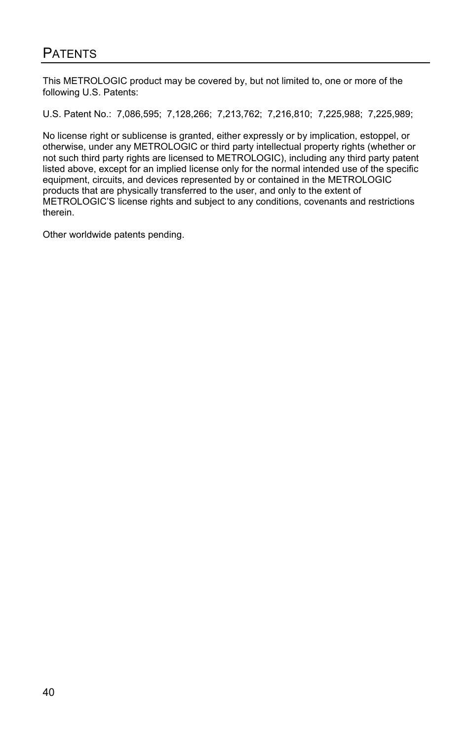 Patents | Metrologic Instruments Genesis MS7580 User Manual | Page 44 / 48