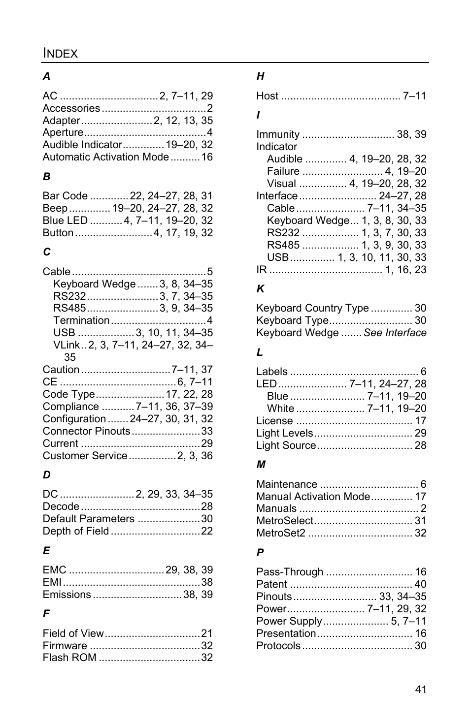 Index | Metrologic Instruments Genesis MS7580 User Manual | Page 45 / 48