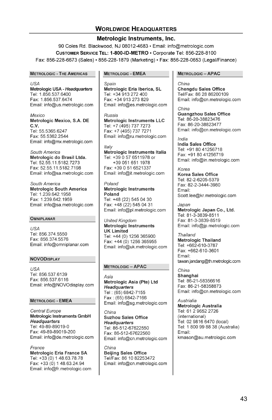 Contact and office information, Contact information and office locations | Metrologic Instruments Genesis MS7580 User Manual | Page 47 / 48