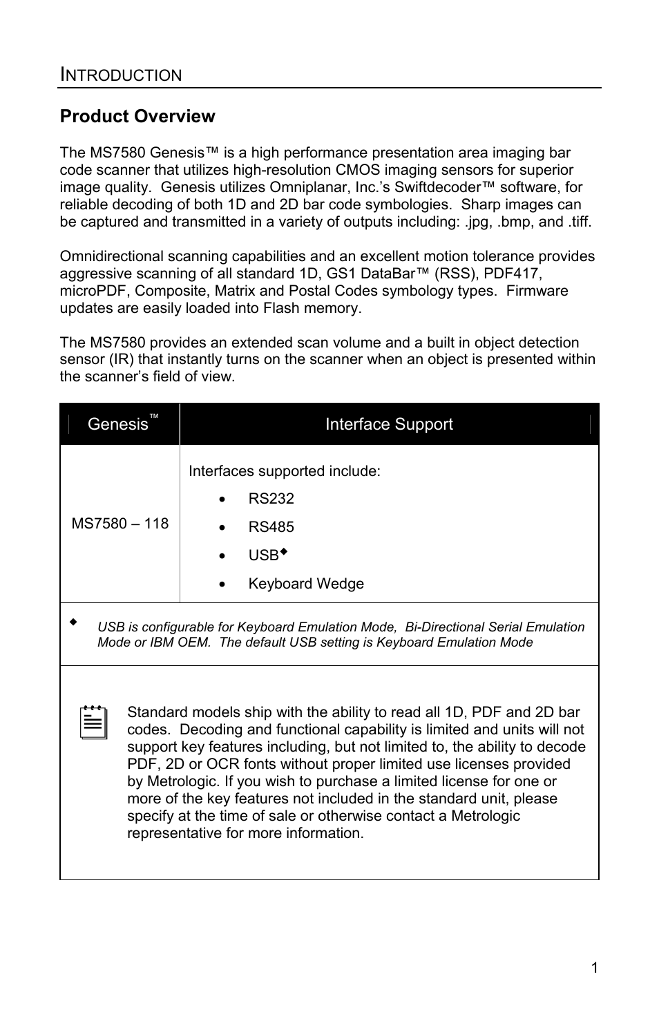 Introduction, Product overview, Genesis | Interface support | Metrologic Instruments Genesis MS7580 User Manual | Page 5 / 48