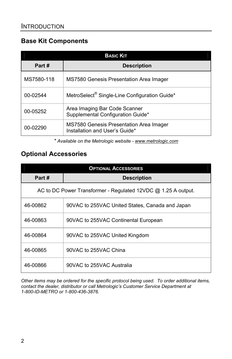 Base kit components, Optional accessories | Metrologic Instruments Genesis MS7580 User Manual | Page 6 / 48