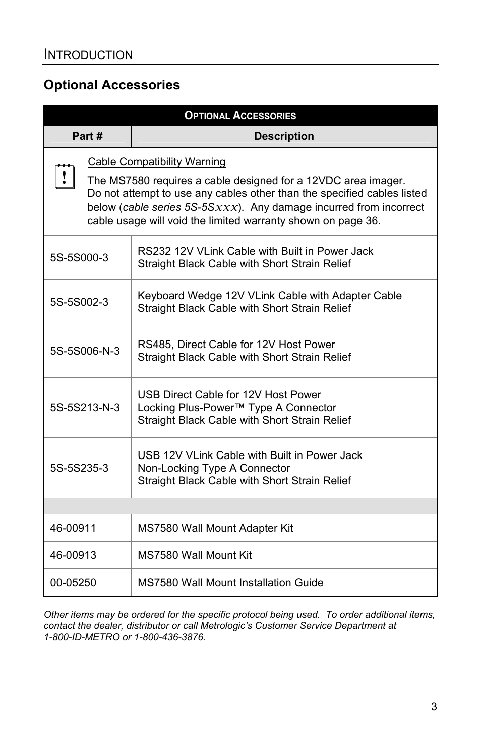 Wall mount, Optional accessories | Metrologic Instruments Genesis MS7580 User Manual | Page 7 / 48