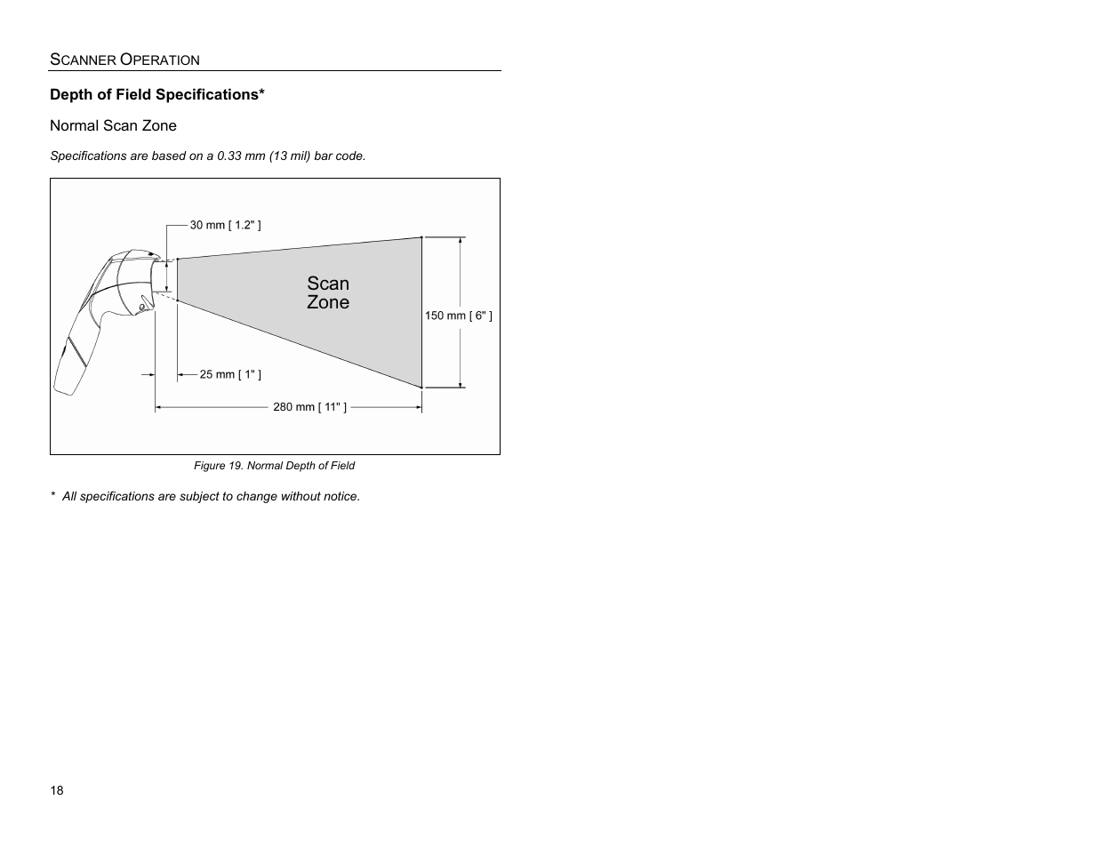 Depth of field specifications, Normal scan zone | Metrologic Instruments MS3780 User Manual | Page 22 / 52
