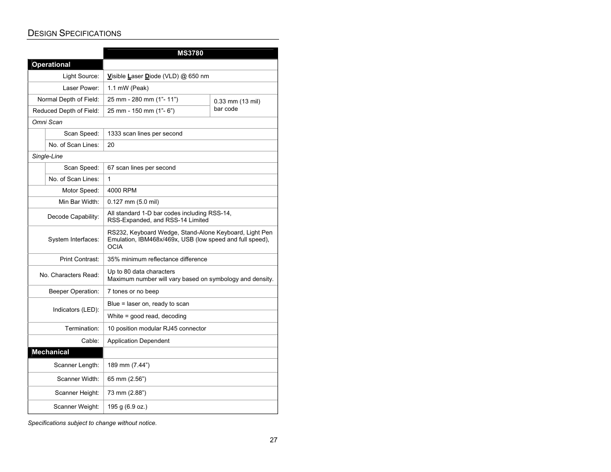 Design specifications | Metrologic Instruments MS3780 User Manual | Page 31 / 52