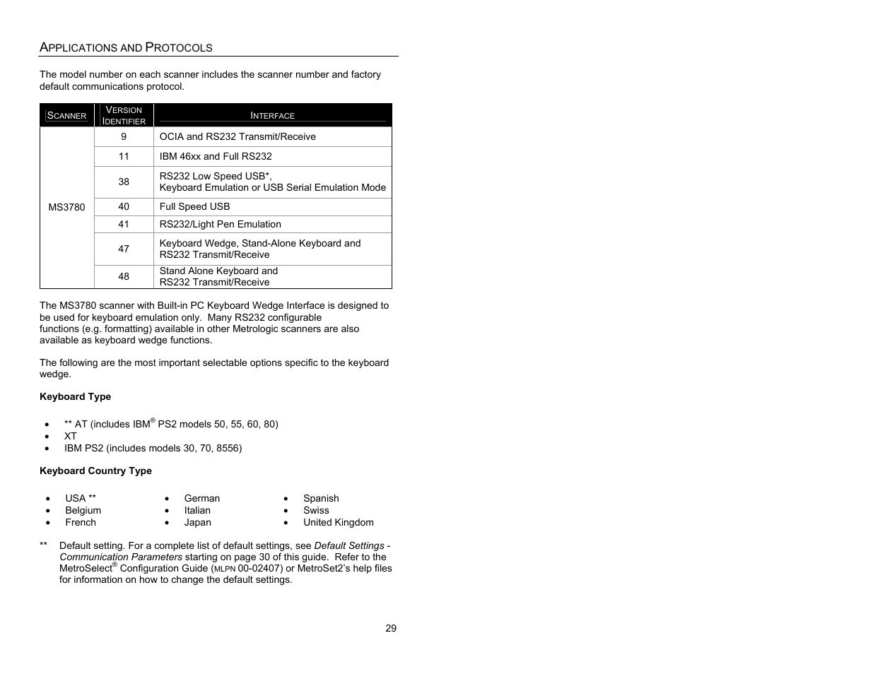 Applications and protocols | Metrologic Instruments MS3780 User Manual | Page 33 / 52