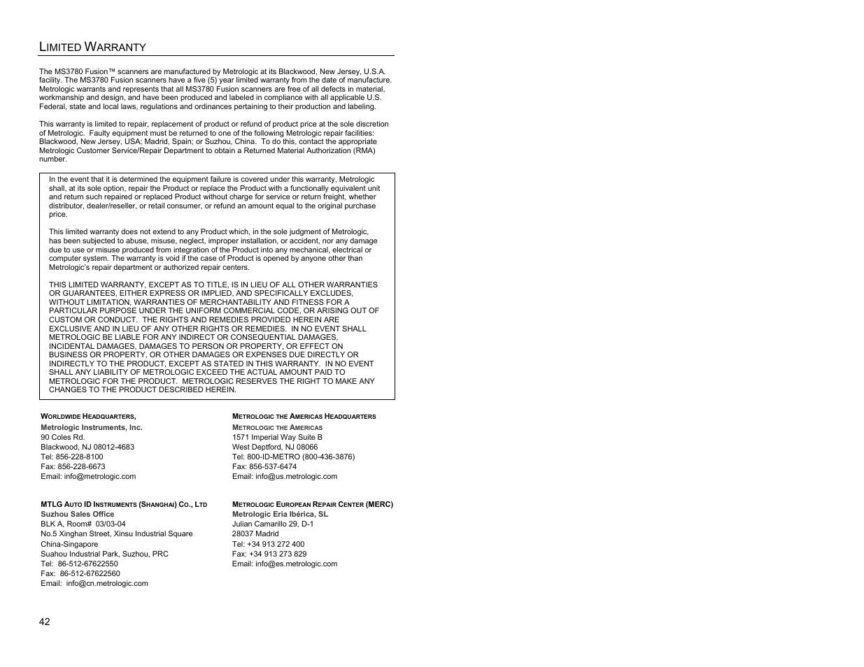 Limited warranty | Metrologic Instruments MS3780 User Manual | Page 46 / 52