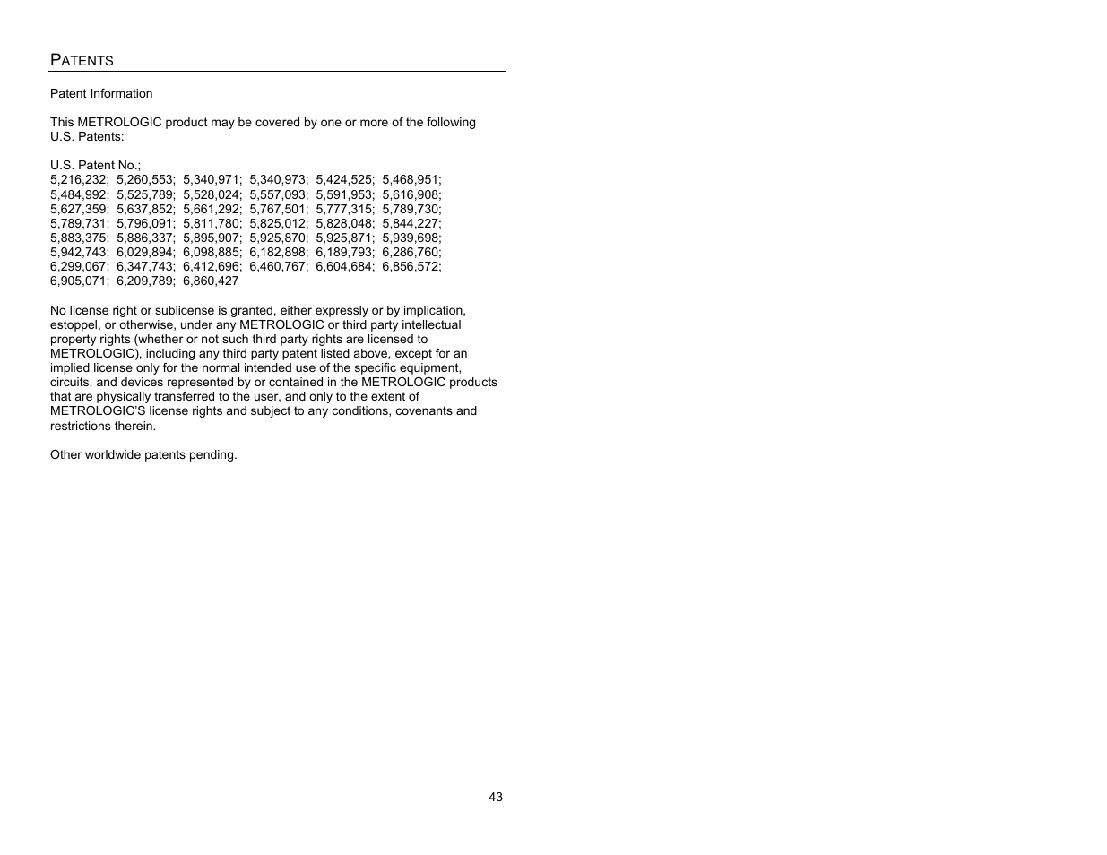 Patents | Metrologic Instruments MS3780 User Manual | Page 47 / 52