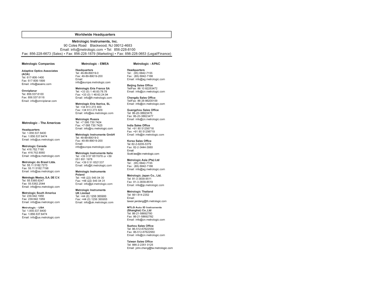 Contact information | Metrologic Instruments MS3780 User Manual | Page 51 / 52