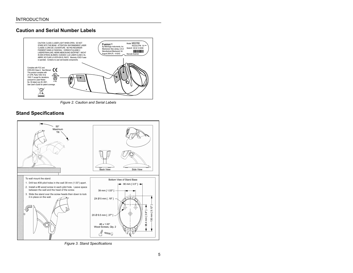 Caution and serial number labels, Stand specifications | Metrologic Instruments MS3780 User Manual | Page 9 / 52