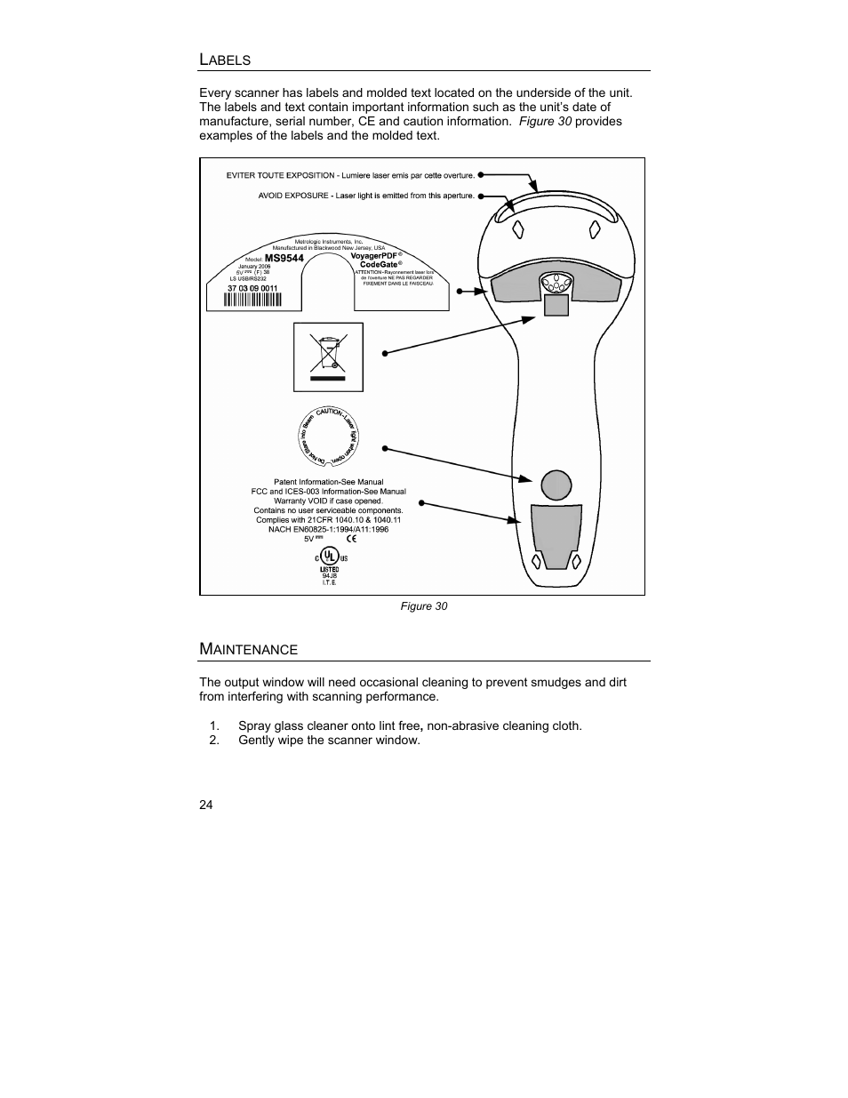Labels, Maintenance | Metrologic Instruments MS9544 User Manual | Page 28 / 56