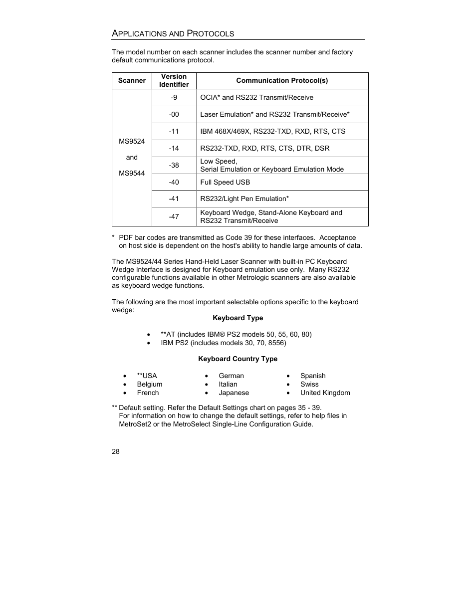 Applications and protocols | Metrologic Instruments MS9544 User Manual | Page 32 / 56