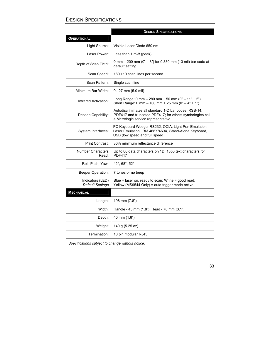 Design specifications | Metrologic Instruments MS9544 User Manual | Page 37 / 56
