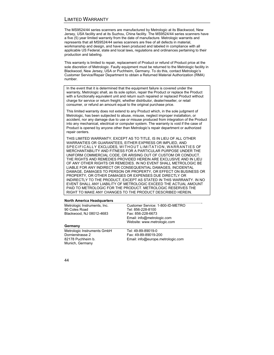 Limited warranty | Metrologic Instruments MS9544 User Manual | Page 48 / 56