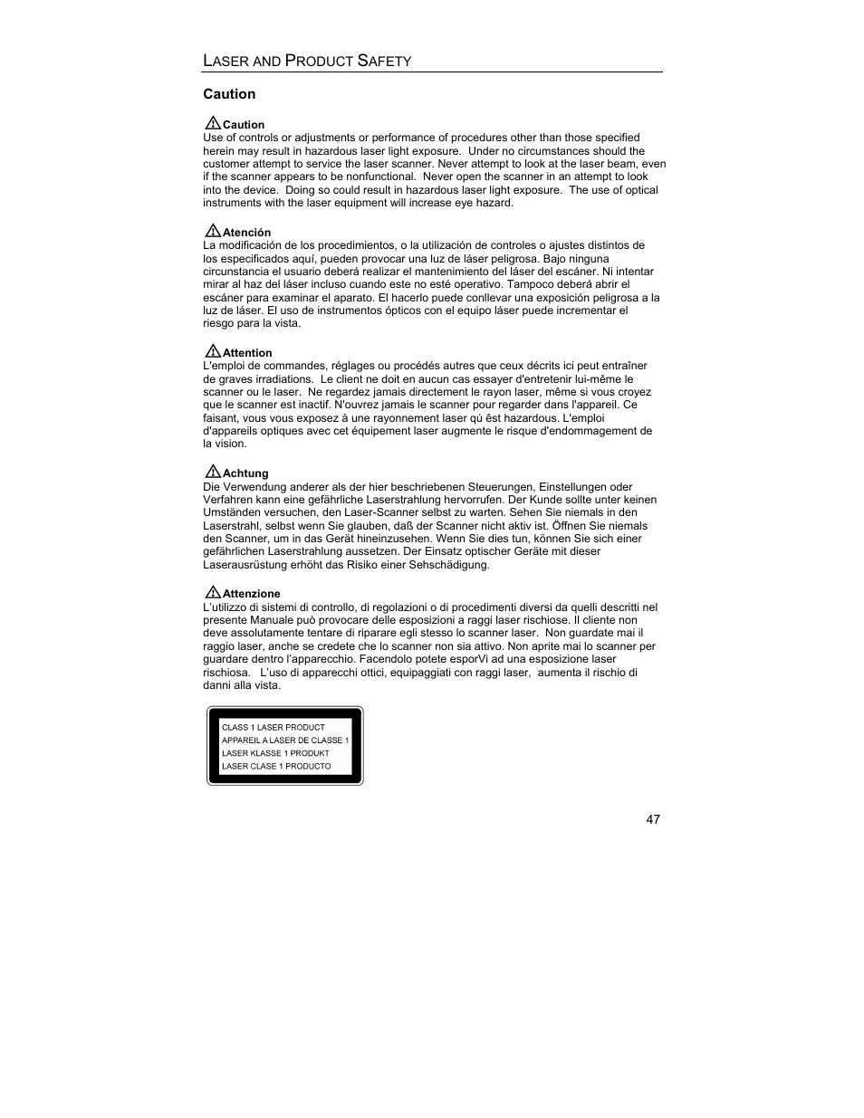 Caution | Metrologic Instruments MS9544 User Manual | Page 51 / 56