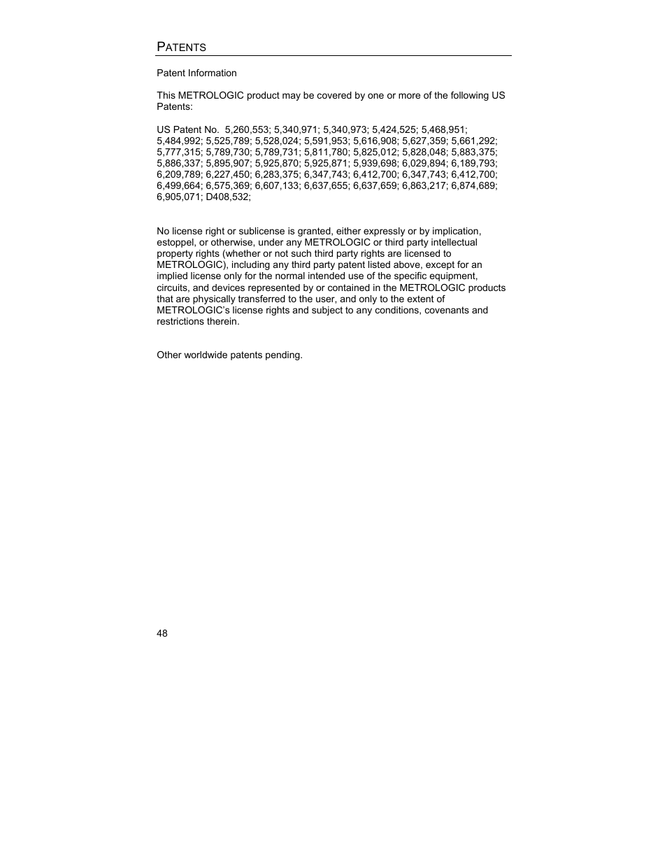 Patents | Metrologic Instruments MS9544 User Manual | Page 52 / 56