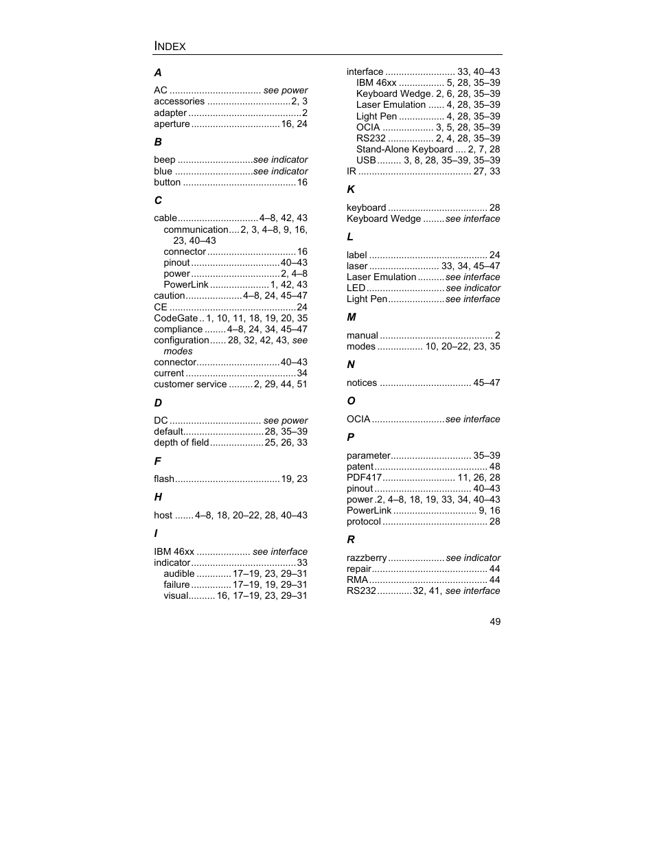 Index | Metrologic Instruments MS9544 User Manual | Page 53 / 56