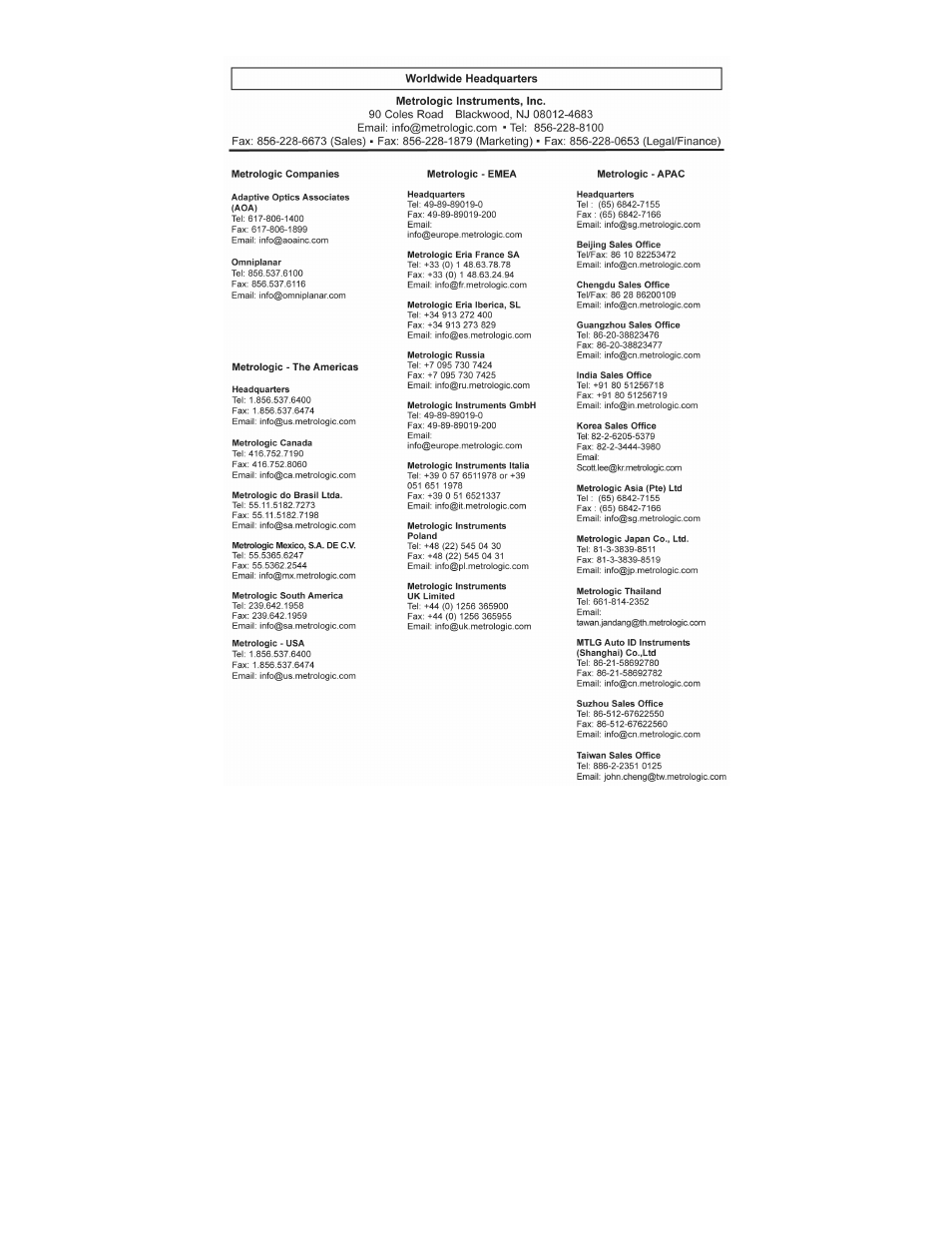 Contact information | Metrologic Instruments MS9544 User Manual | Page 55 / 56