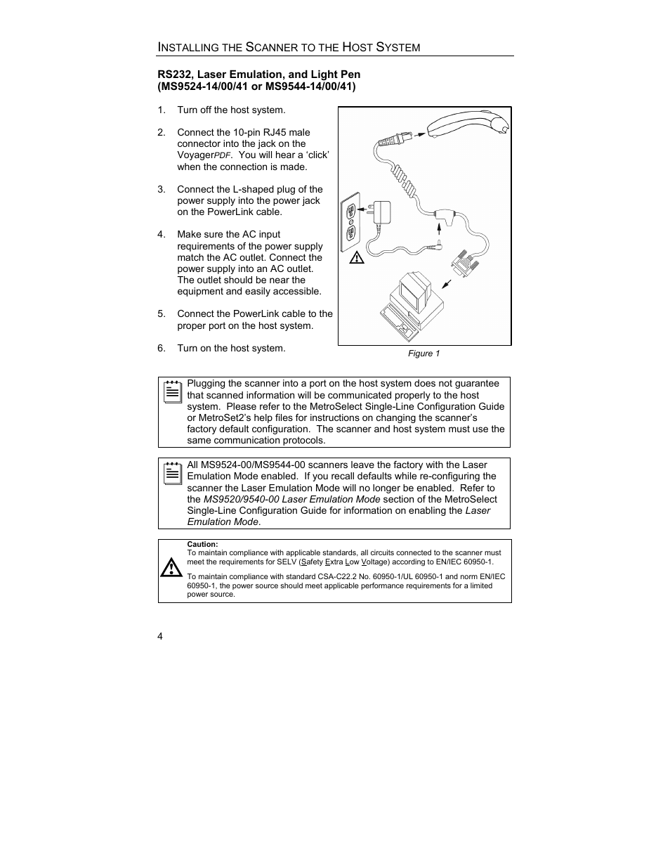Installing the scanner to the host system, Rs232, laser emulation, and light pen | Metrologic Instruments MS9544 User Manual | Page 8 / 56