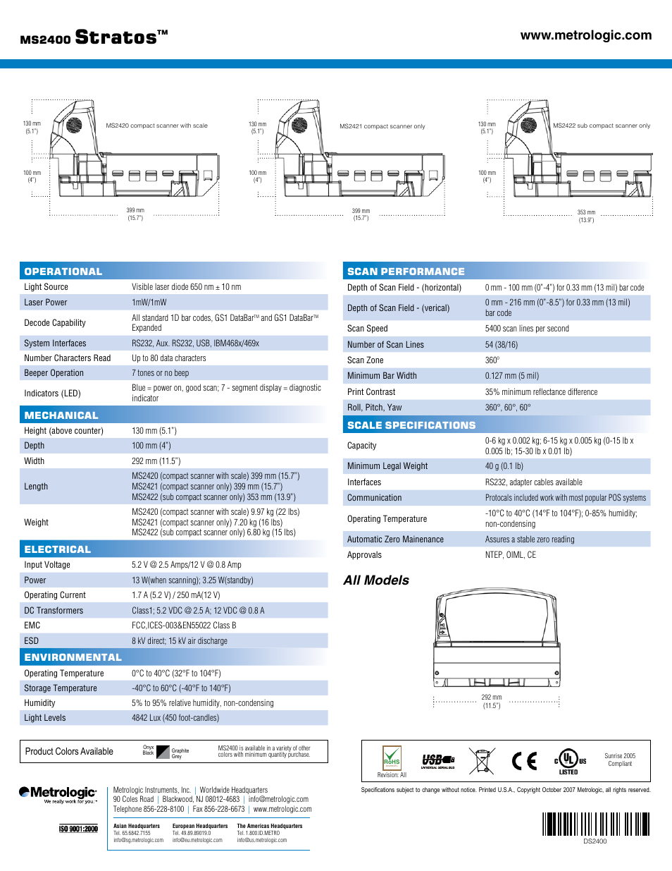 Stratos, All models, Ds2400 | Ms2400 | Metrologic Instruments Stratos MS2400 User Manual | Page 2 / 2