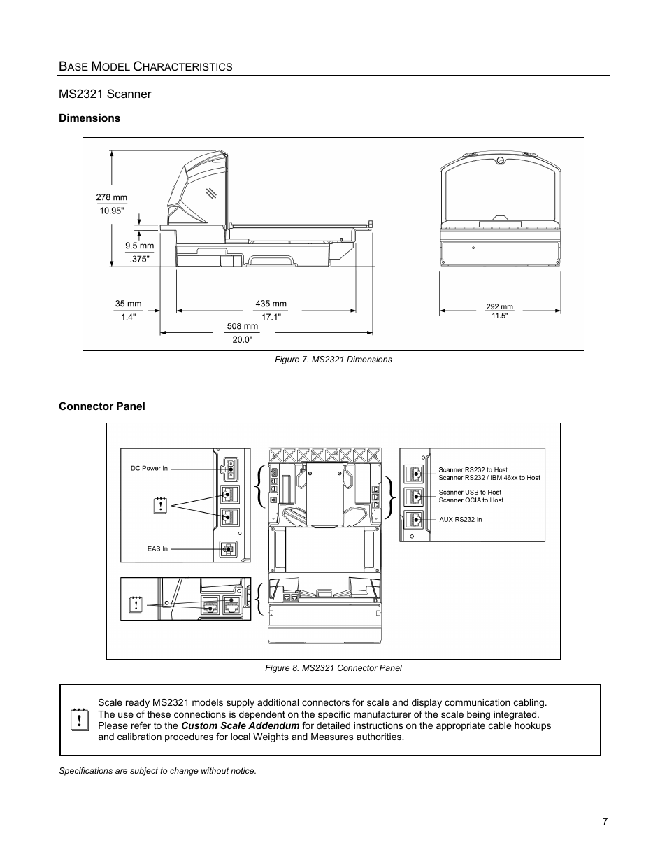 Dimensions, Connector panel | Metrologic Instruments StratosH MS2321 User Manual | Page 11 / 68