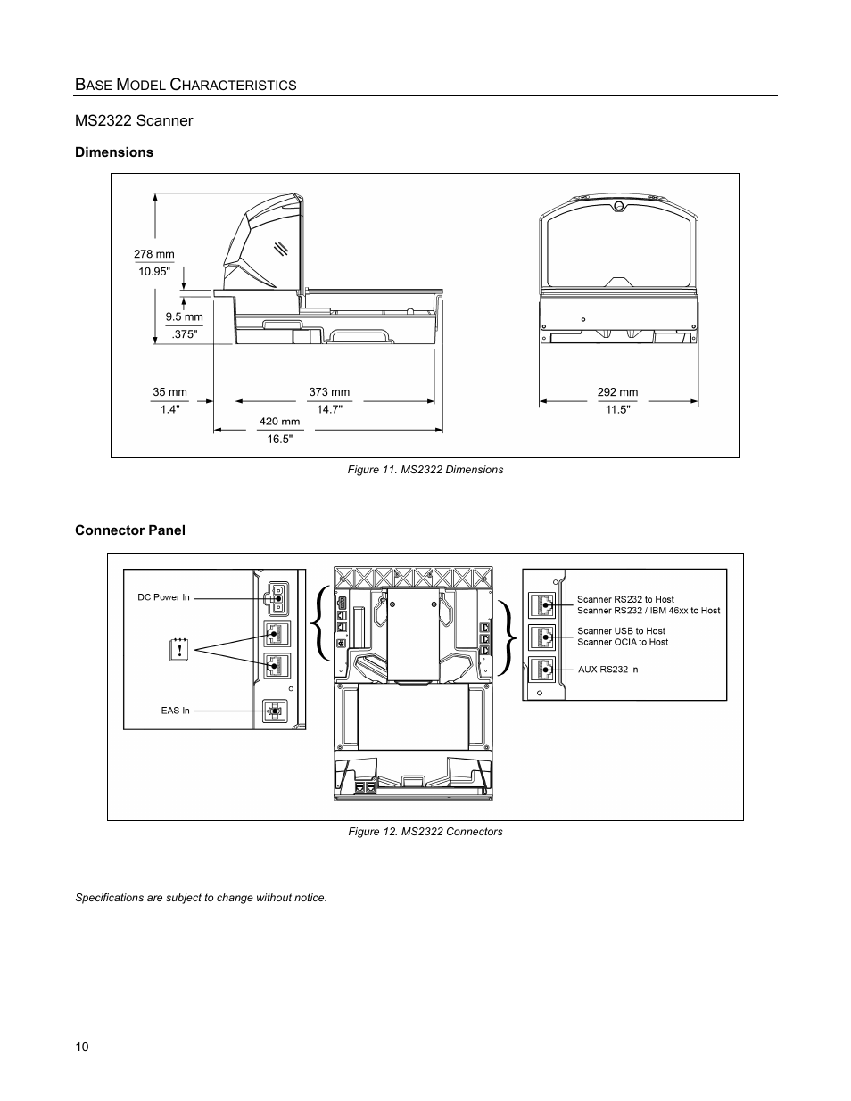 Dimensions, Connector panel | Metrologic Instruments StratosH MS2321 User Manual | Page 14 / 68