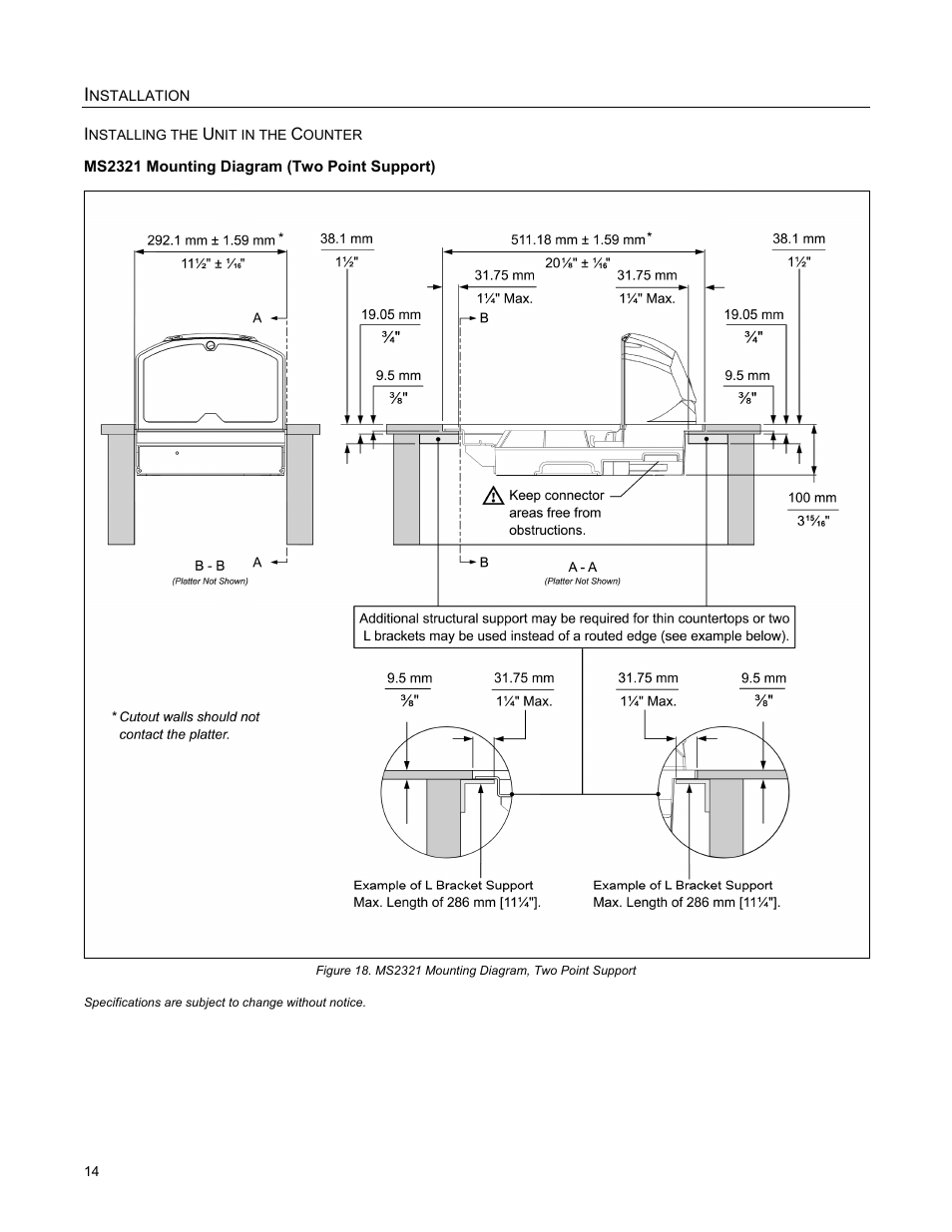 Installing the unit in the counter, Ms2321 mounting diagram (two point support) | Metrologic Instruments StratosH MS2321 User Manual | Page 18 / 68