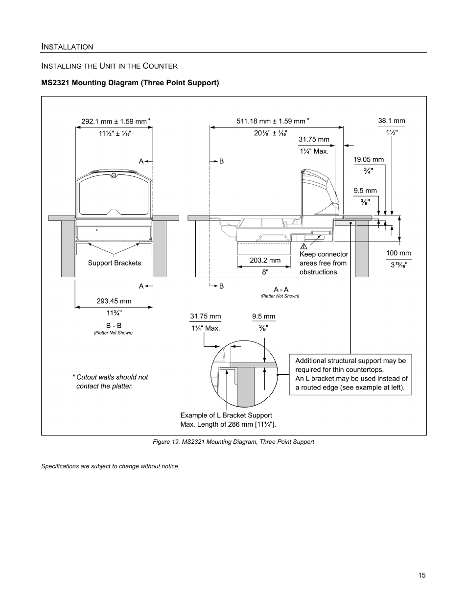 Ms2321 mounting diagram (three point support) | Metrologic Instruments StratosH MS2321 User Manual | Page 19 / 68