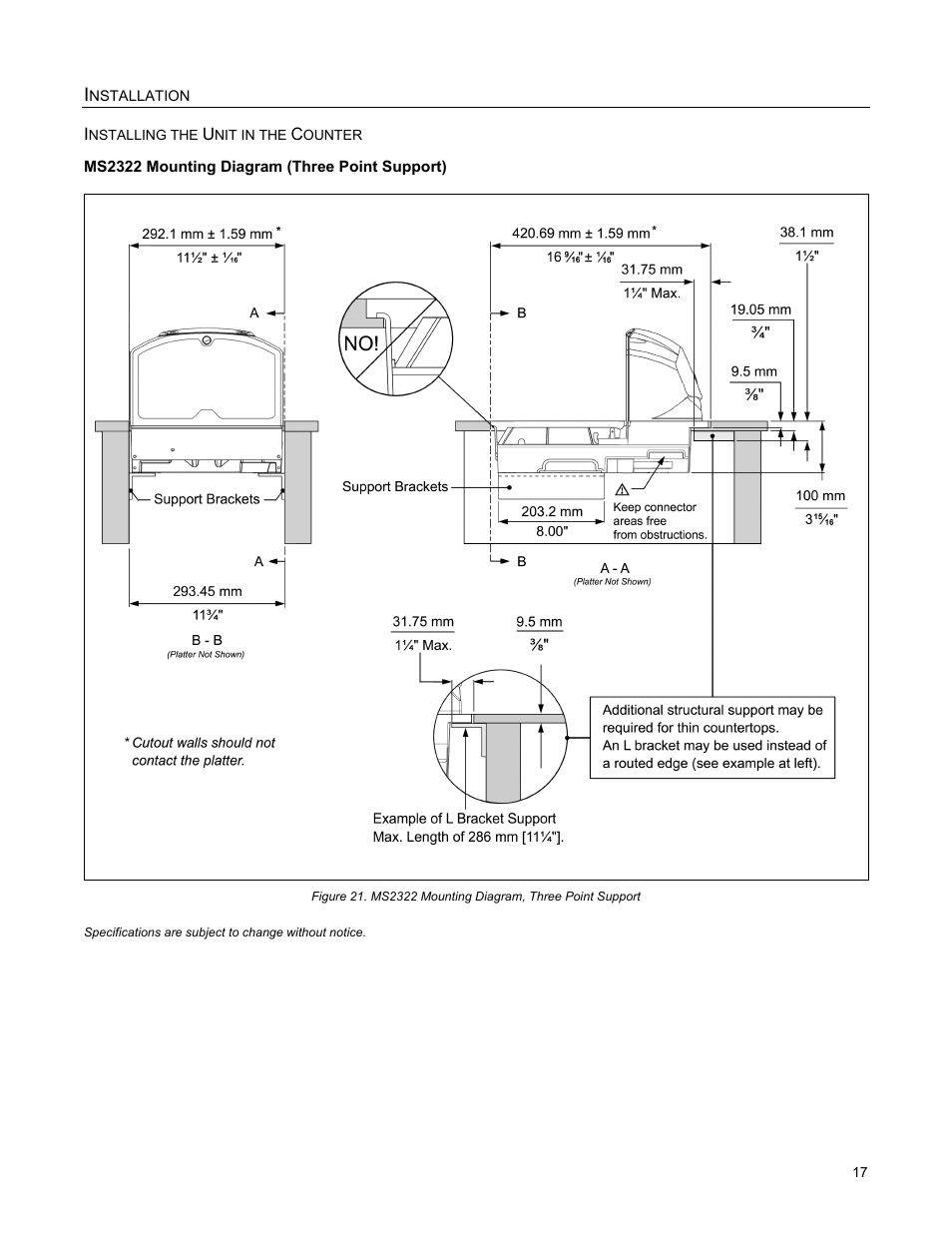 Ms2322 mounting diagram (three point support) | Metrologic Instruments StratosH MS2321 User Manual | Page 21 / 68