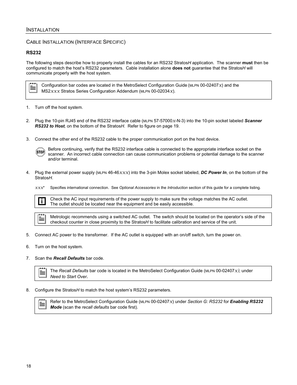 Cable installation (interface specific), Rs232 | Metrologic Instruments StratosH MS2321 User Manual | Page 22 / 68