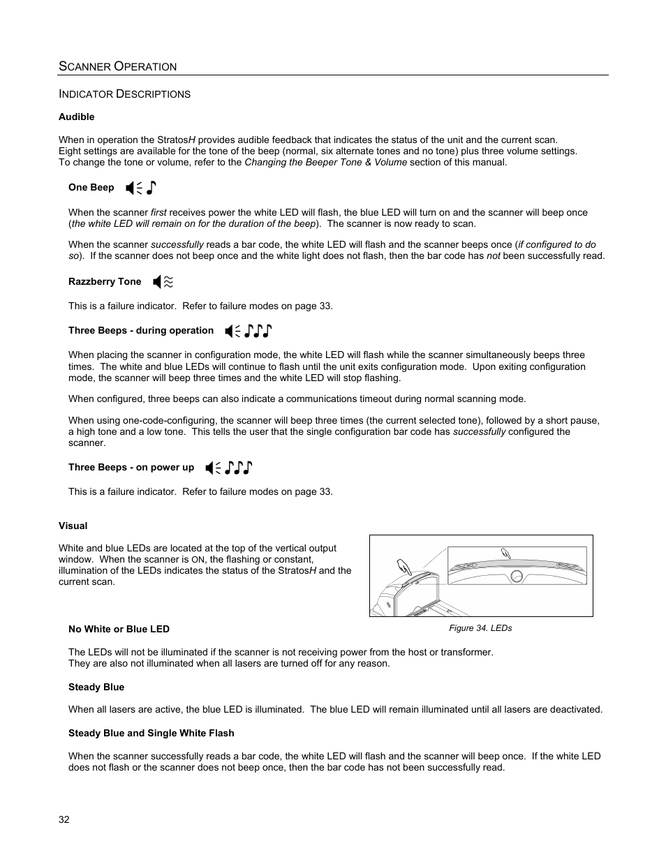 Indicator descriptions, Audible, Visual | Metrologic Instruments StratosH MS2321 User Manual | Page 36 / 68