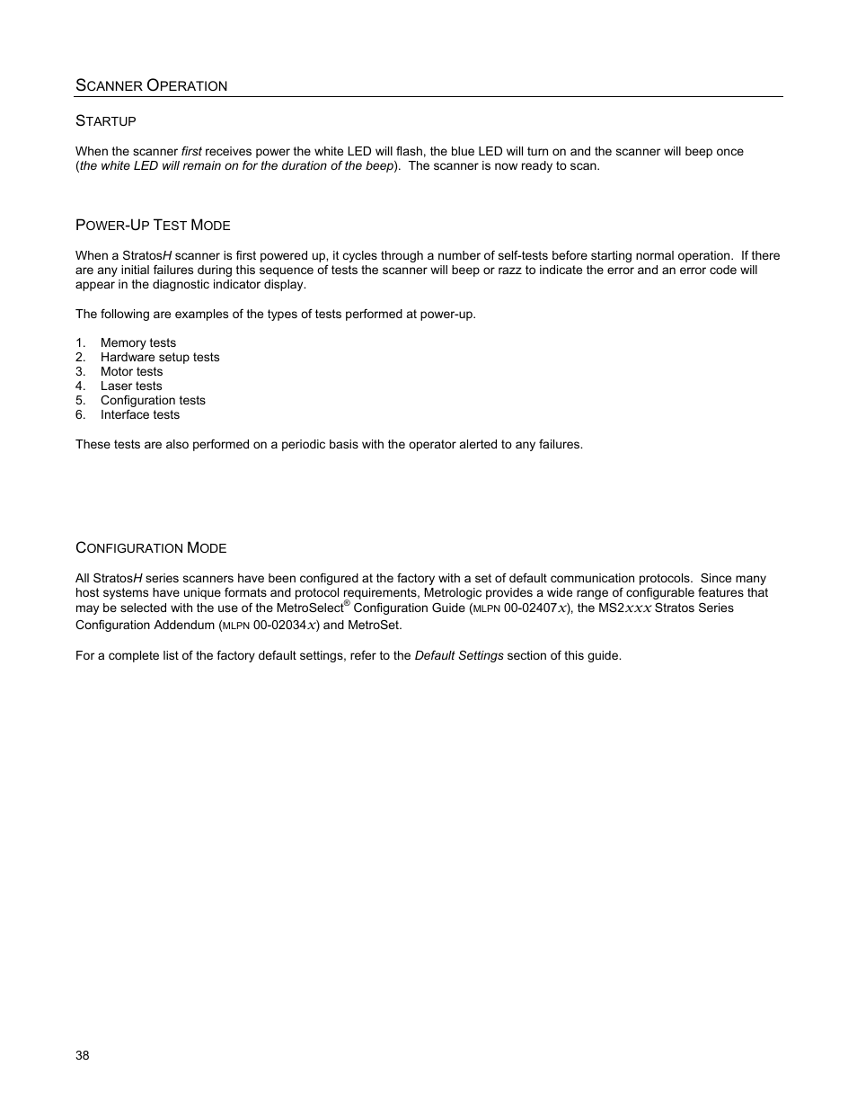 Startup, Power-up test mode, Configuration mode | Metrologic Instruments StratosH MS2321 User Manual | Page 42 / 68