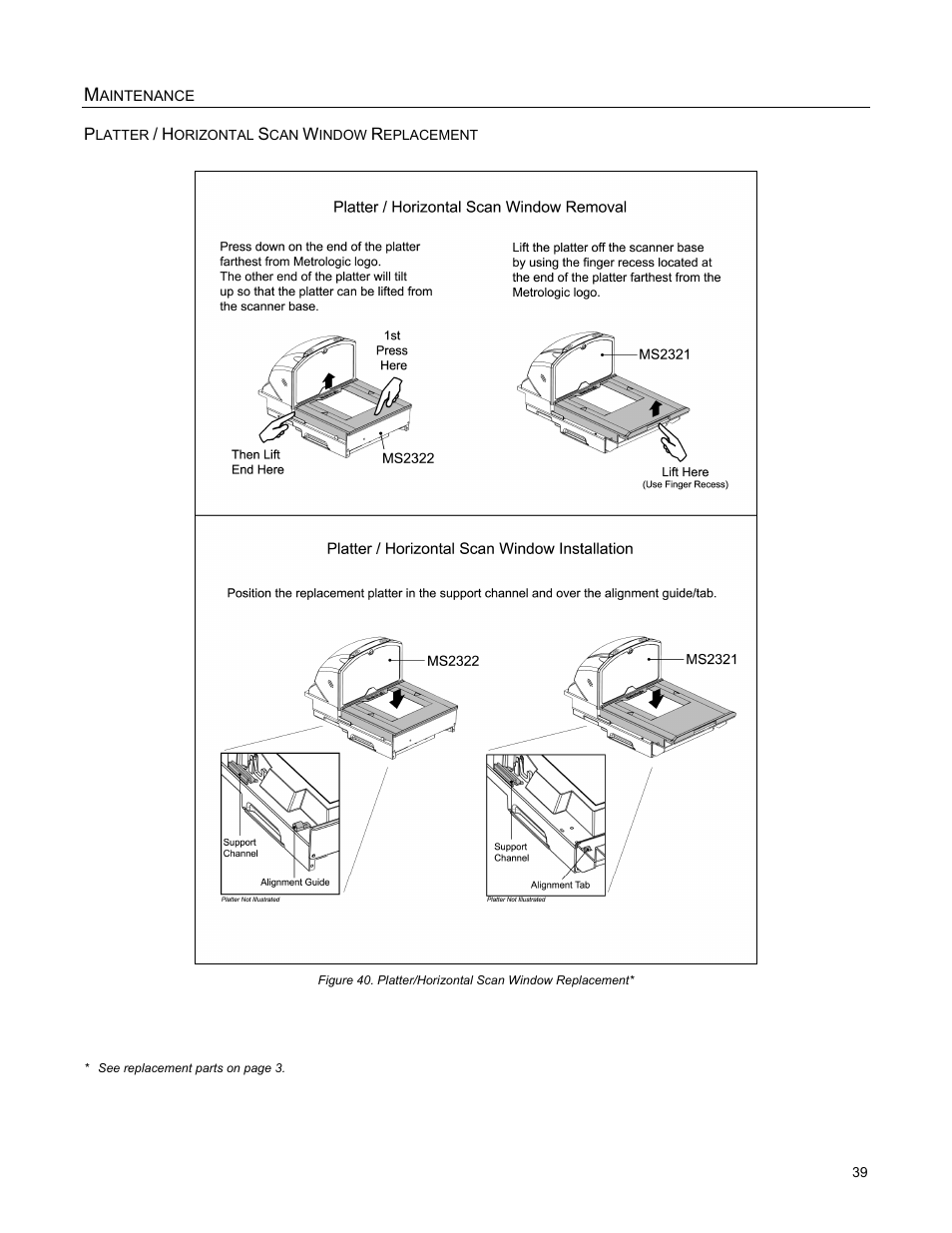 Maintenance, Platter / horizontal scan window replacement, Aintenance | Metrologic Instruments StratosH MS2321 User Manual | Page 43 / 68