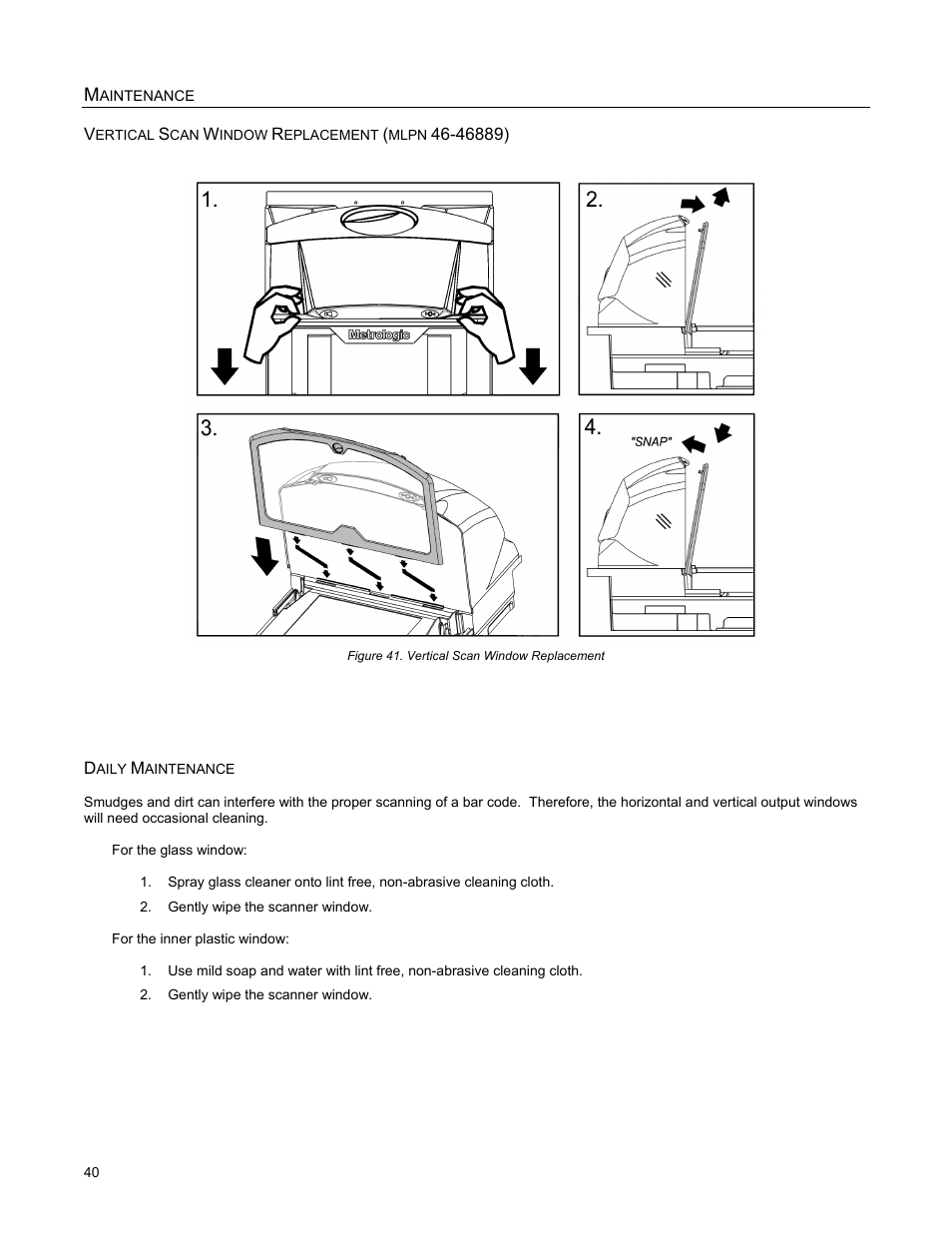 Vertical scan window replacement, Daily maintenance | Metrologic Instruments StratosH MS2321 User Manual | Page 44 / 68