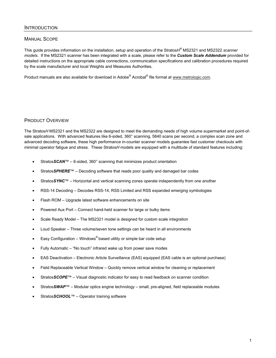 Introduction, Manual scope, Product overview | Ntroduction | Metrologic Instruments StratosH MS2321 User Manual | Page 5 / 68