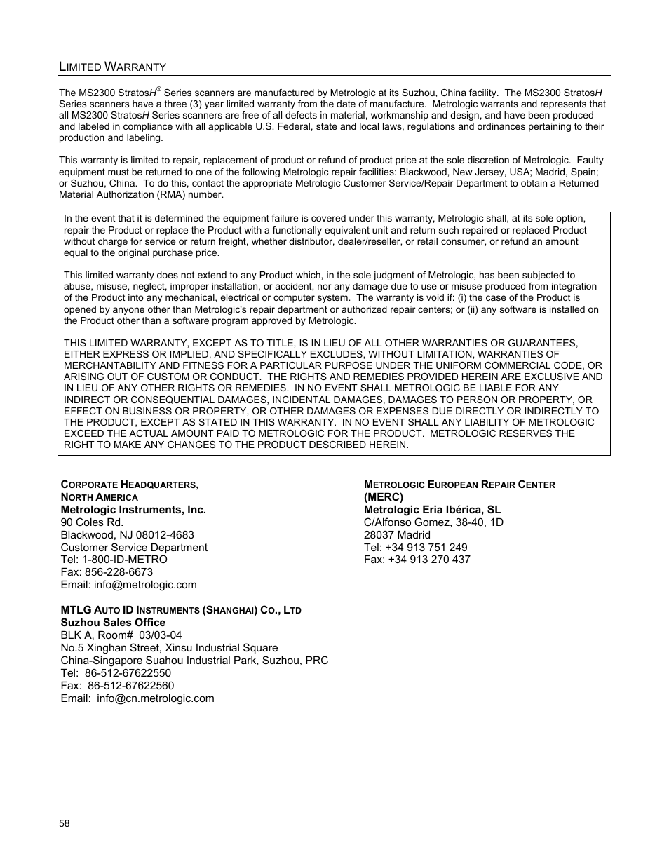 Limited warranty, Imited, Arranty | Metrologic Instruments StratosH MS2321 User Manual | Page 62 / 68