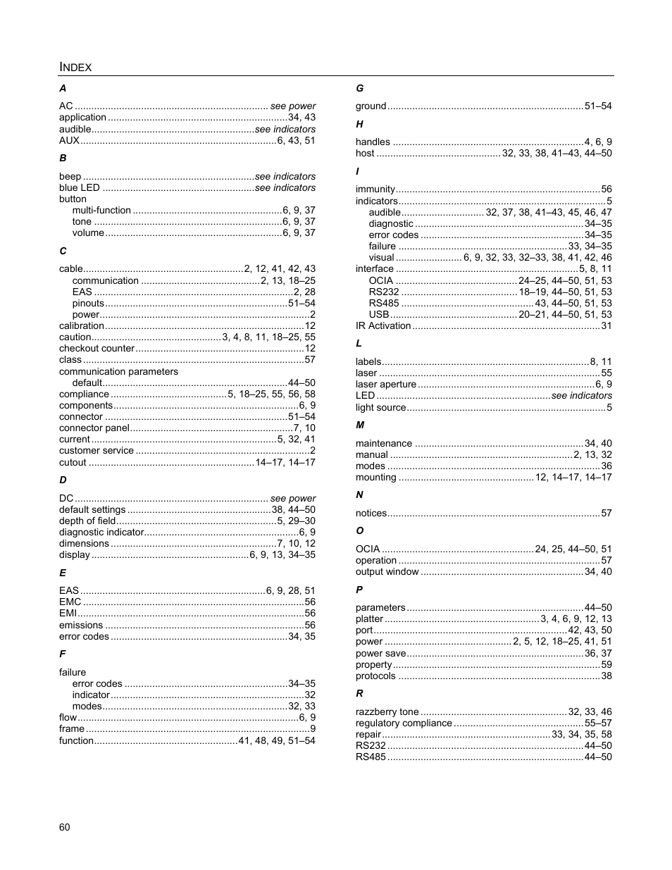 Index, Ndex | Metrologic Instruments StratosH MS2321 User Manual | Page 64 / 68