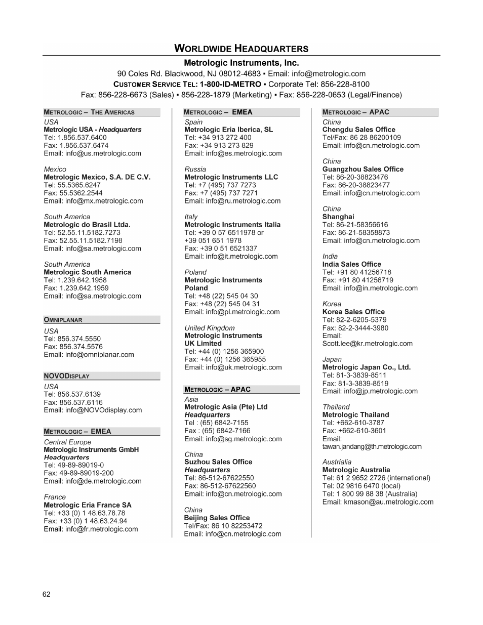 Contact information and office locations, Ontact, Nformation and | Ffice, Ocations | Metrologic Instruments StratosH MS2321 User Manual | Page 66 / 68
