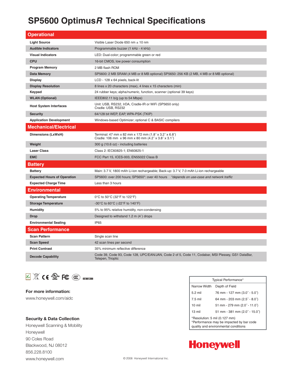 Sp5600 optimus r technical specifications, Operational, Mechanical/electrical | Battery, Environmental, Scan performance | Metrologic Instruments SP5600 User Manual | Page 2 / 2