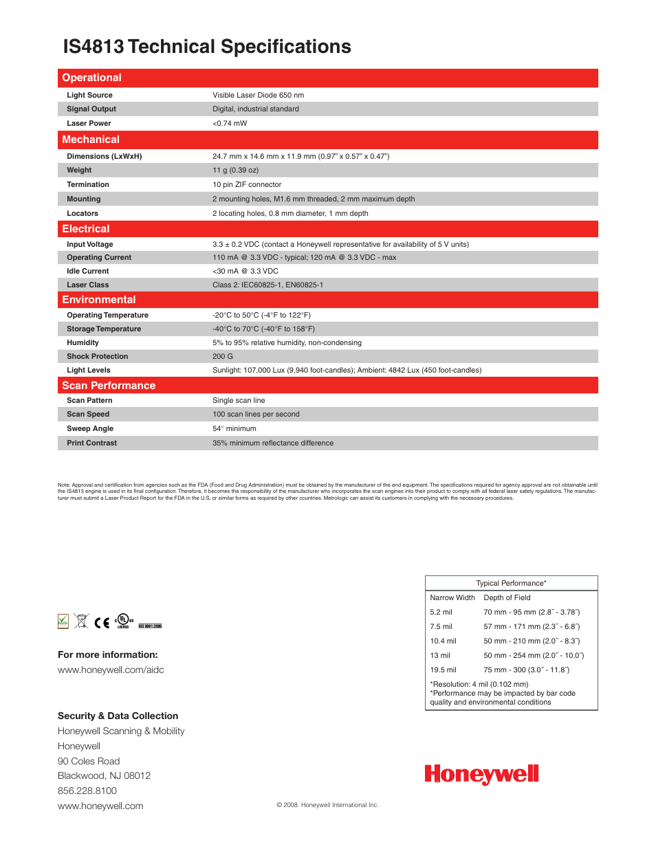Is4813 technical specifications, Operational, Mechanical | Electrical, Environmental, Scan performance | Metrologic Instruments IS4813 User Manual | Page 2 / 2