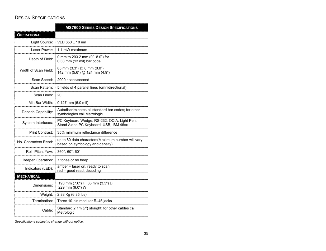 Design specifications | Metrologic Instruments MS7620 User Manual | Page 38 / 59