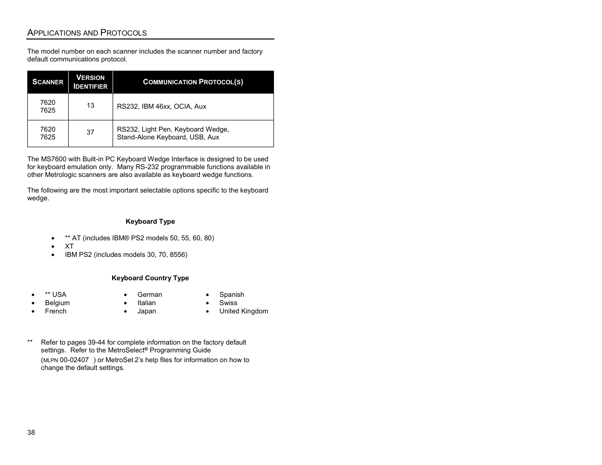 Applications and protocols | Metrologic Instruments MS7620 User Manual | Page 41 / 59