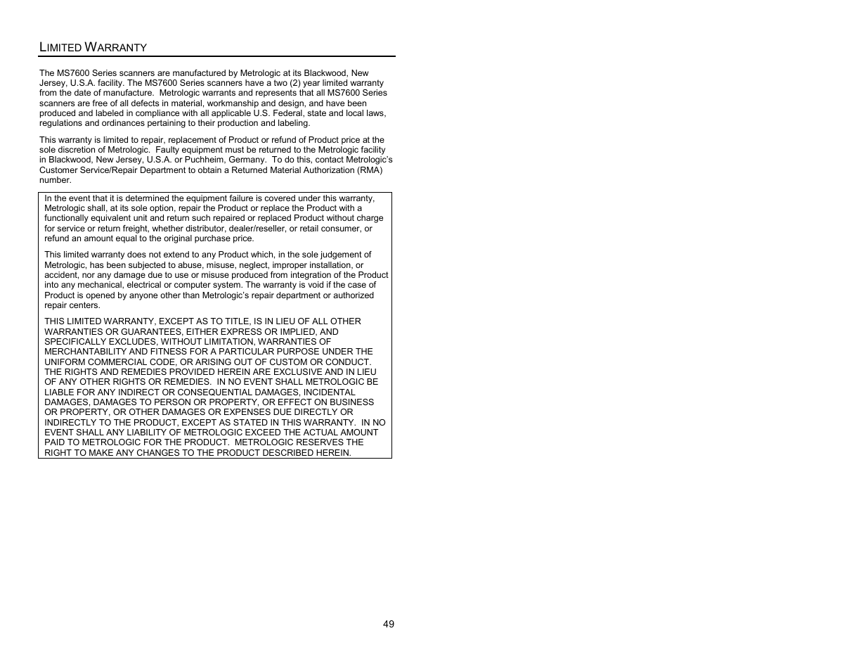 Limited warranty | Metrologic Instruments MS7620 User Manual | Page 52 / 59