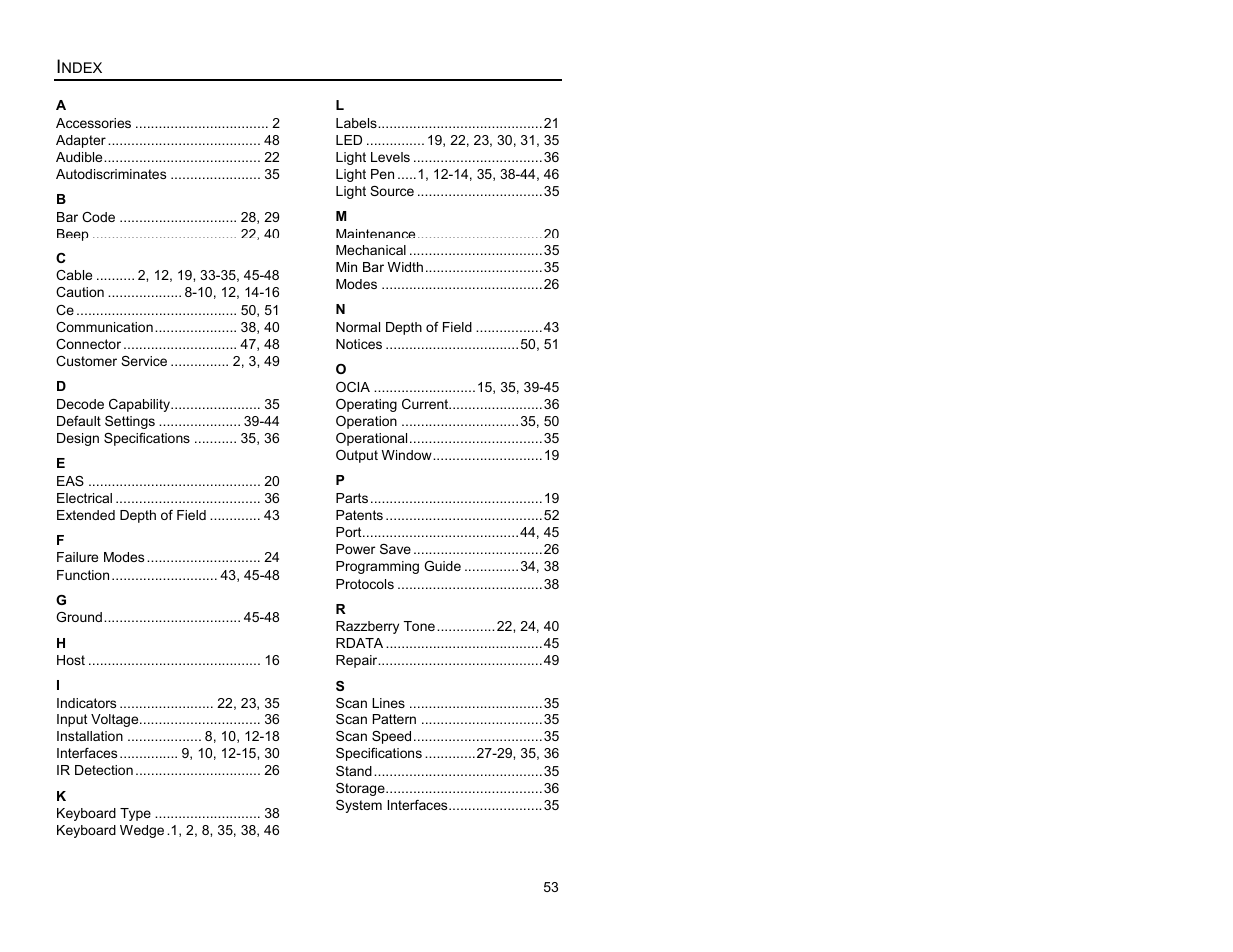 Index | Metrologic Instruments MS7620 User Manual | Page 56 / 59