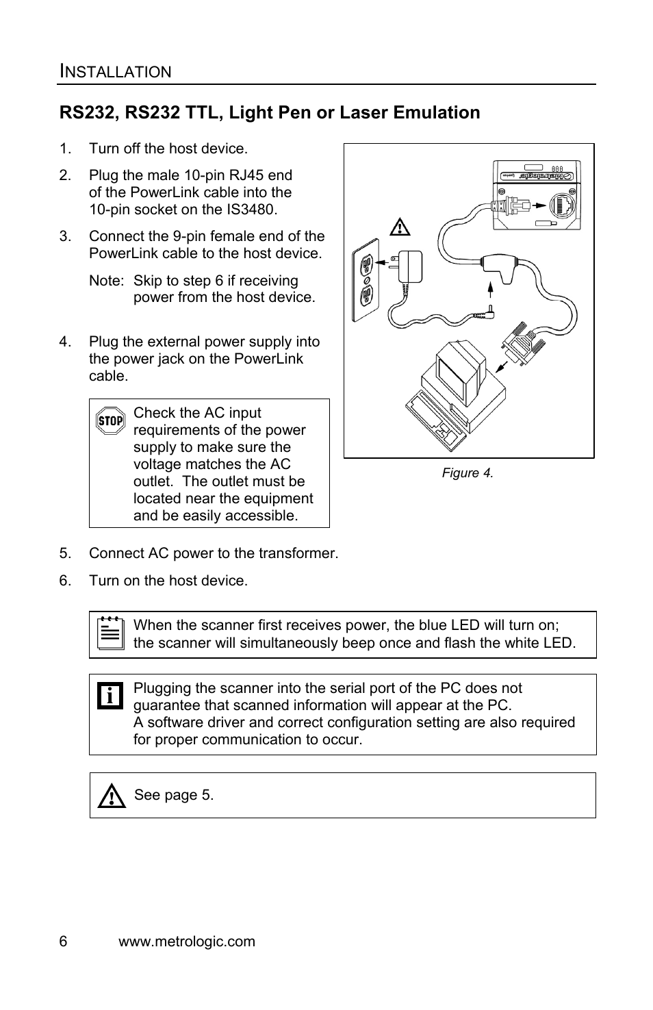 Installation, Rs232, rs232 ttl, light pen or laser emulation | Metrologic Instruments IS3480 User Manual | Page 10 / 56