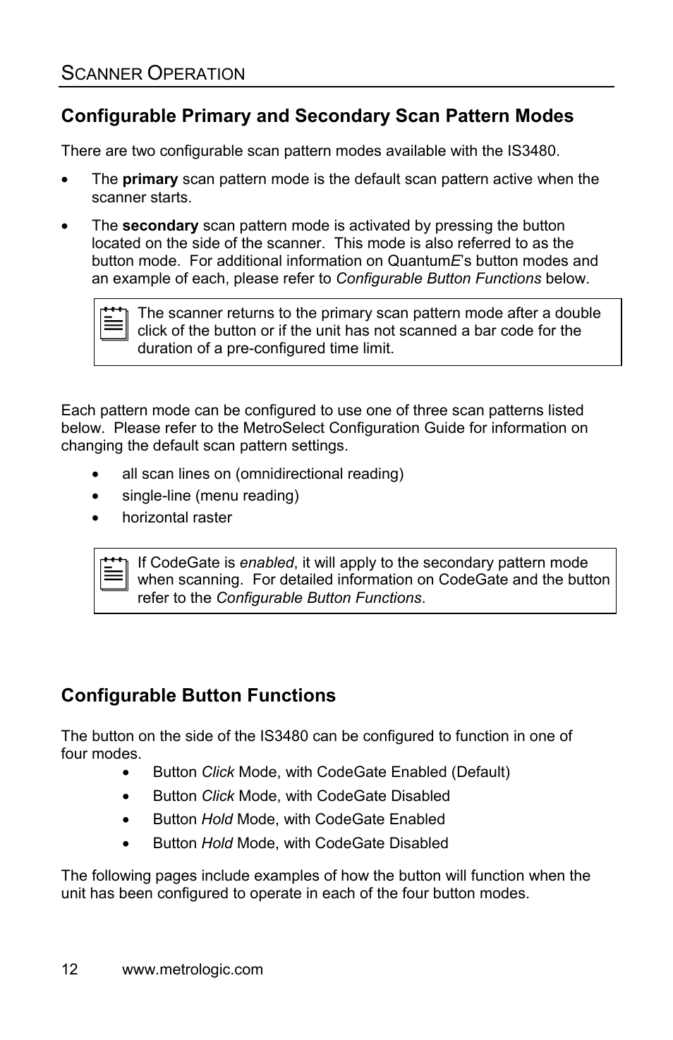 Scanner operation, Configurable button functions | Metrologic Instruments IS3480 User Manual | Page 16 / 56