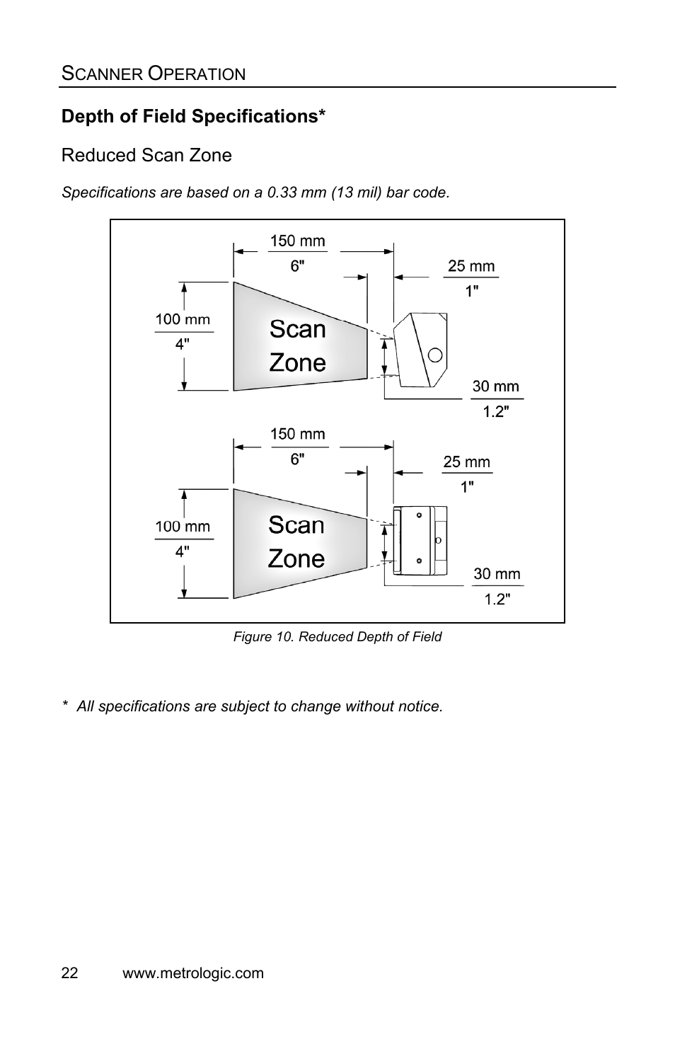 Reduced scan zone, Depth of field specifications | Metrologic Instruments IS3480 User Manual | Page 26 / 56