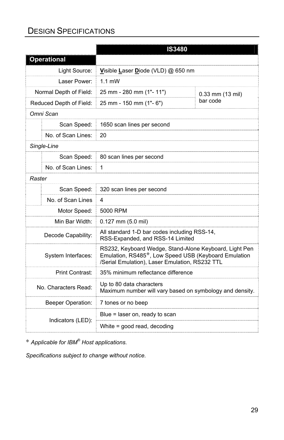 Design specifications | Metrologic Instruments IS3480 User Manual | Page 33 / 56