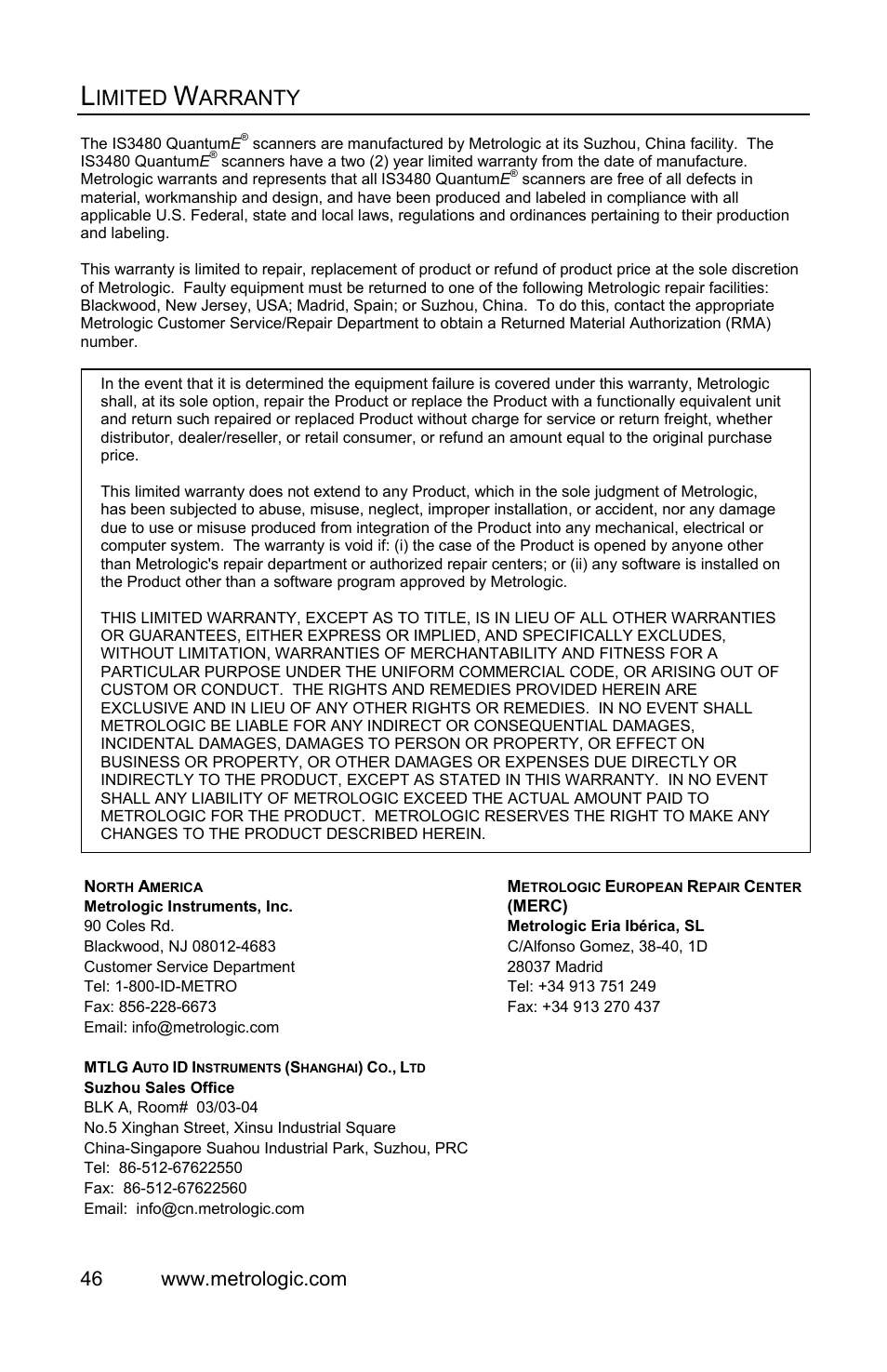 Limited warranty, Imited, Arranty | Metrologic Instruments IS3480 User Manual | Page 50 / 56